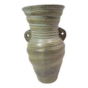Hand Made Pottery Clay Vase Greens Grays Artist Signed 10" Modern Boho Farmhouse